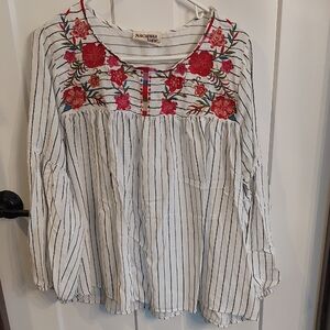 Savanna Jane White Striped Blouse with Red Floral Embroidery